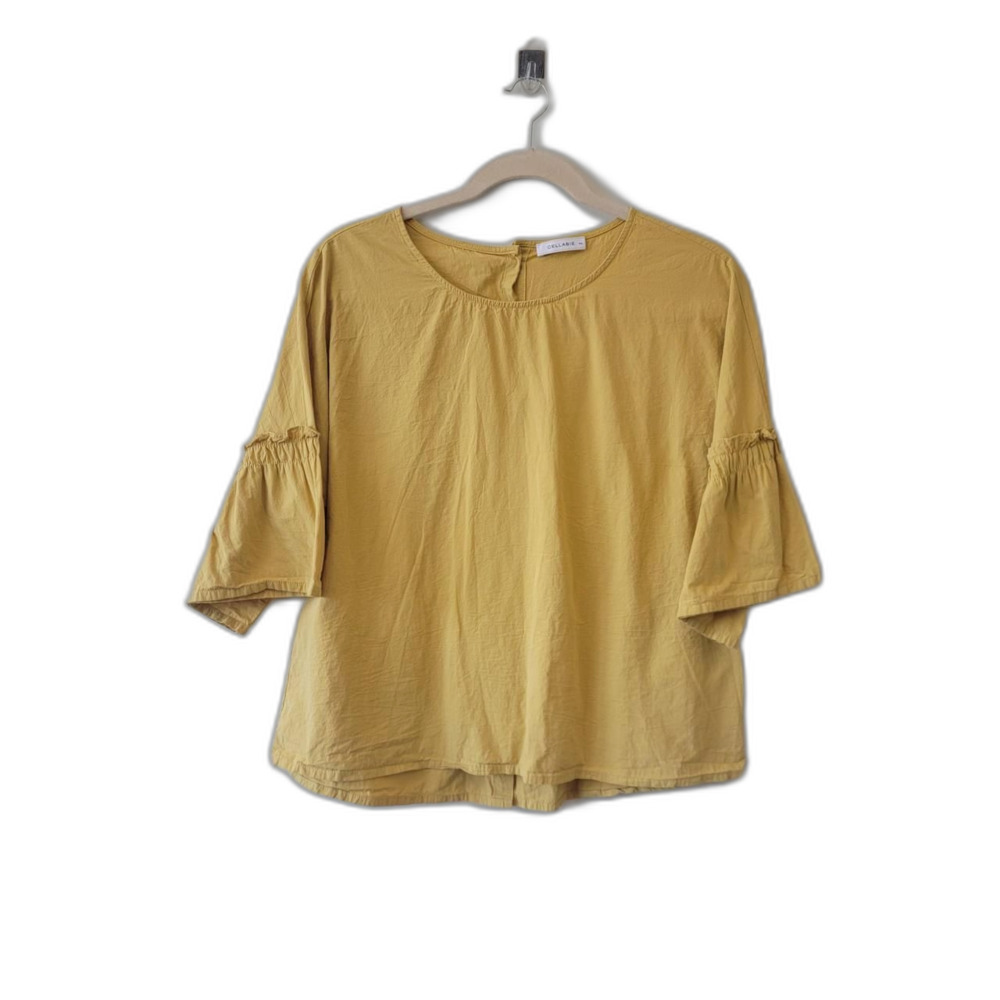Cellabie Yellow Linen Button Front Top Ruffle Sleeves Size 3XL